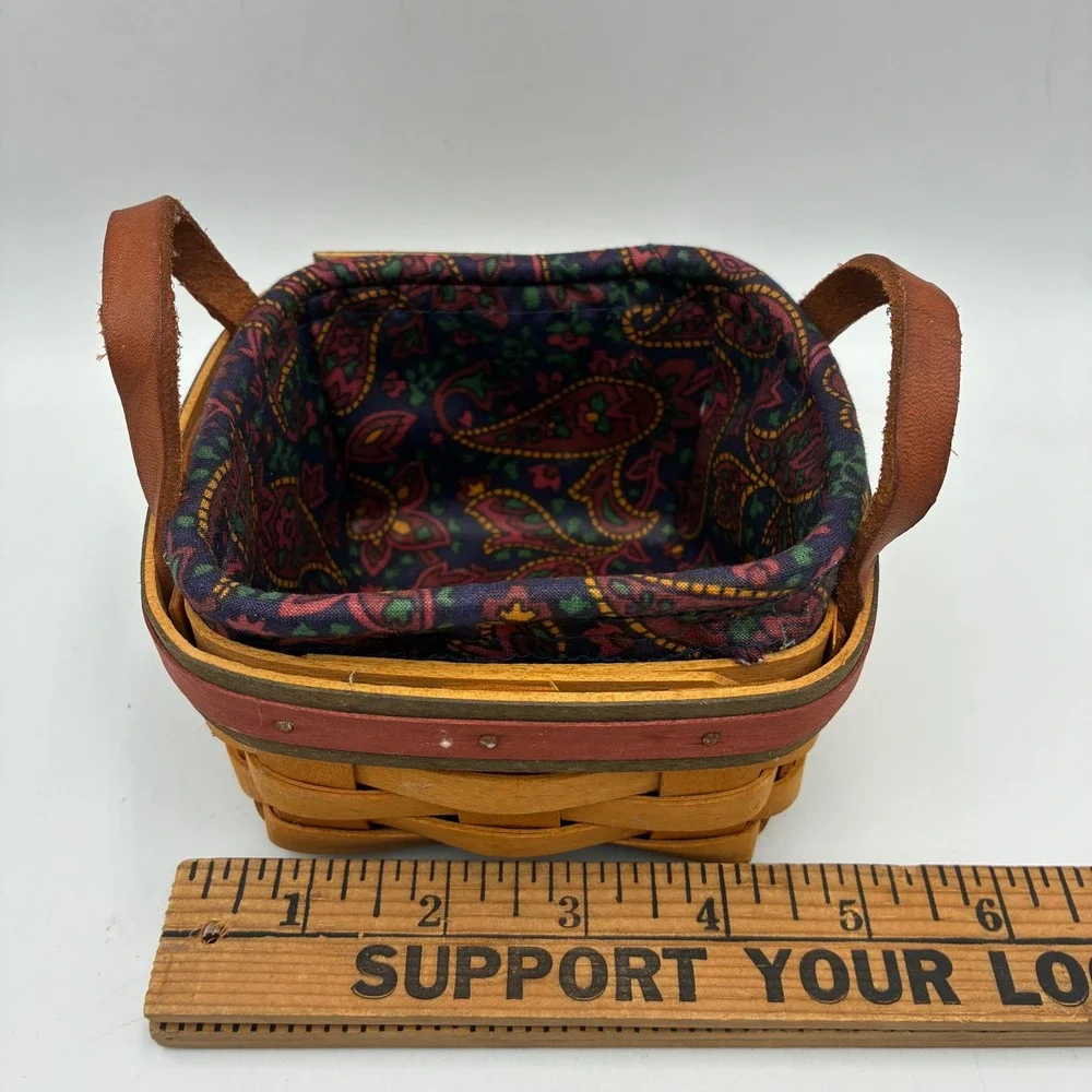 Longaberger 1999 Small Square Handwoven Basket Leather Handles Paisley Liner